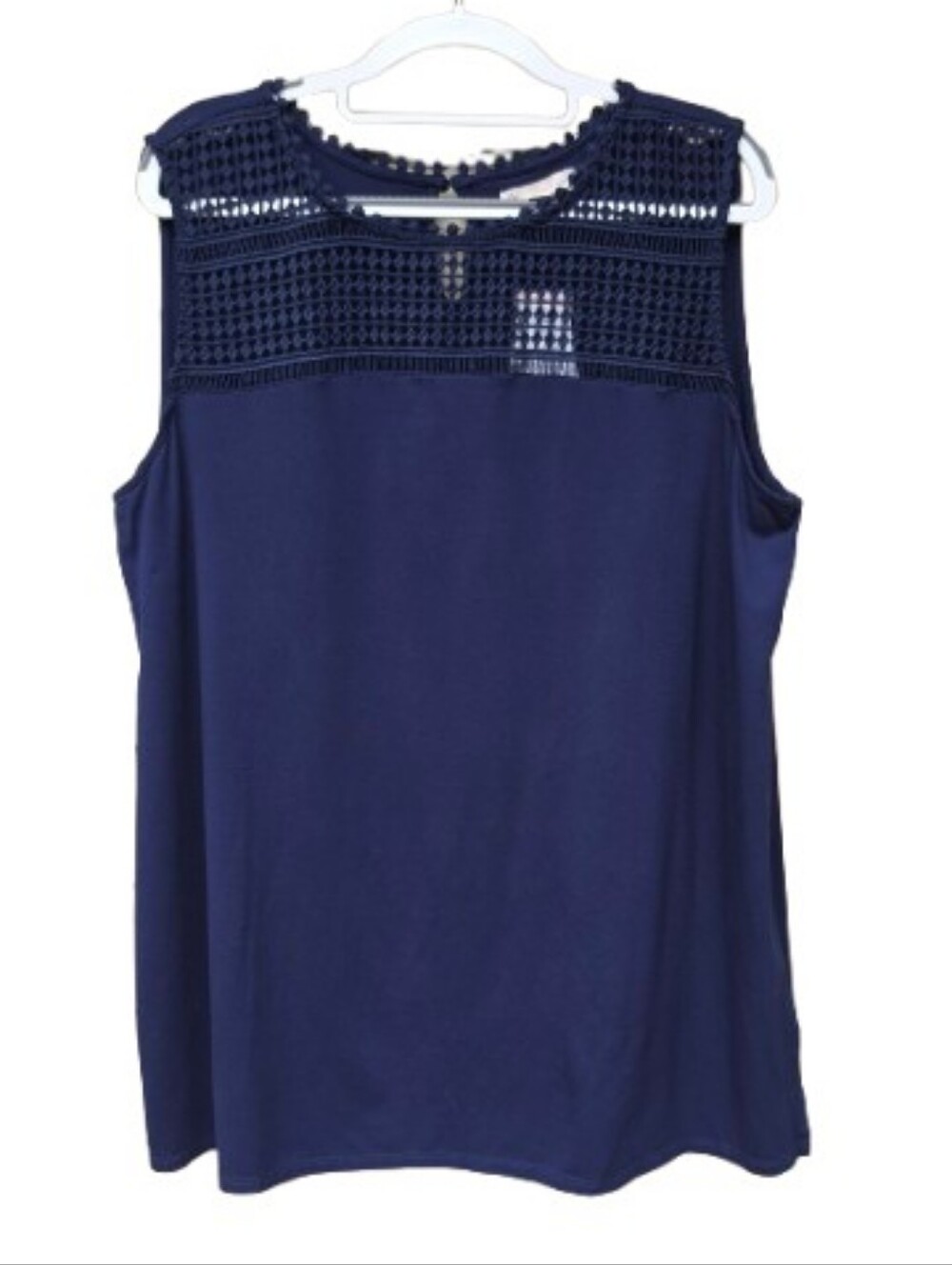 Dressbarn Plus Navy Dark Blue Mixed Media Blouse NWT Cutout Lace Yoke Neck